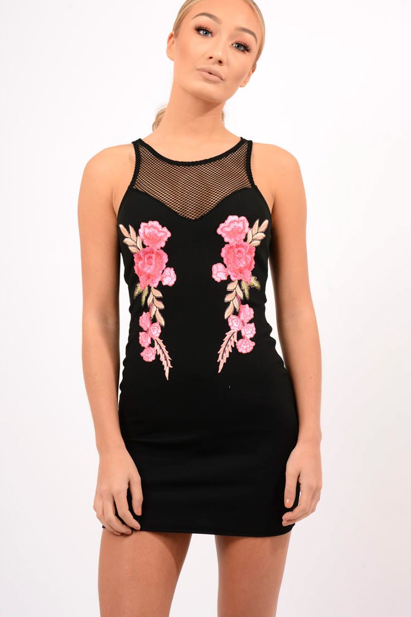 Black Mesh Floral Applique Bodycon Dress - Danika-Dresses