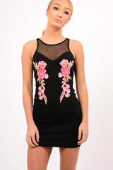 Black Mesh Floral Applique Bodycon Dress - Danika-Dresses