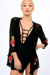 Black Mesh Floral Applique Kimono - Lizzy-Kimono