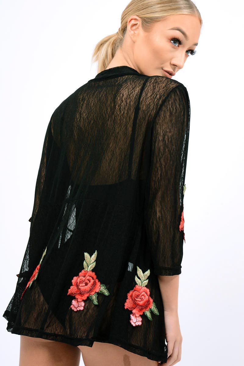 Black Mesh Floral Applique Kimono - Lizzy-Kimono