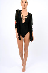 Black Mesh Floral Applique Kimono - Lizzy-Kimono