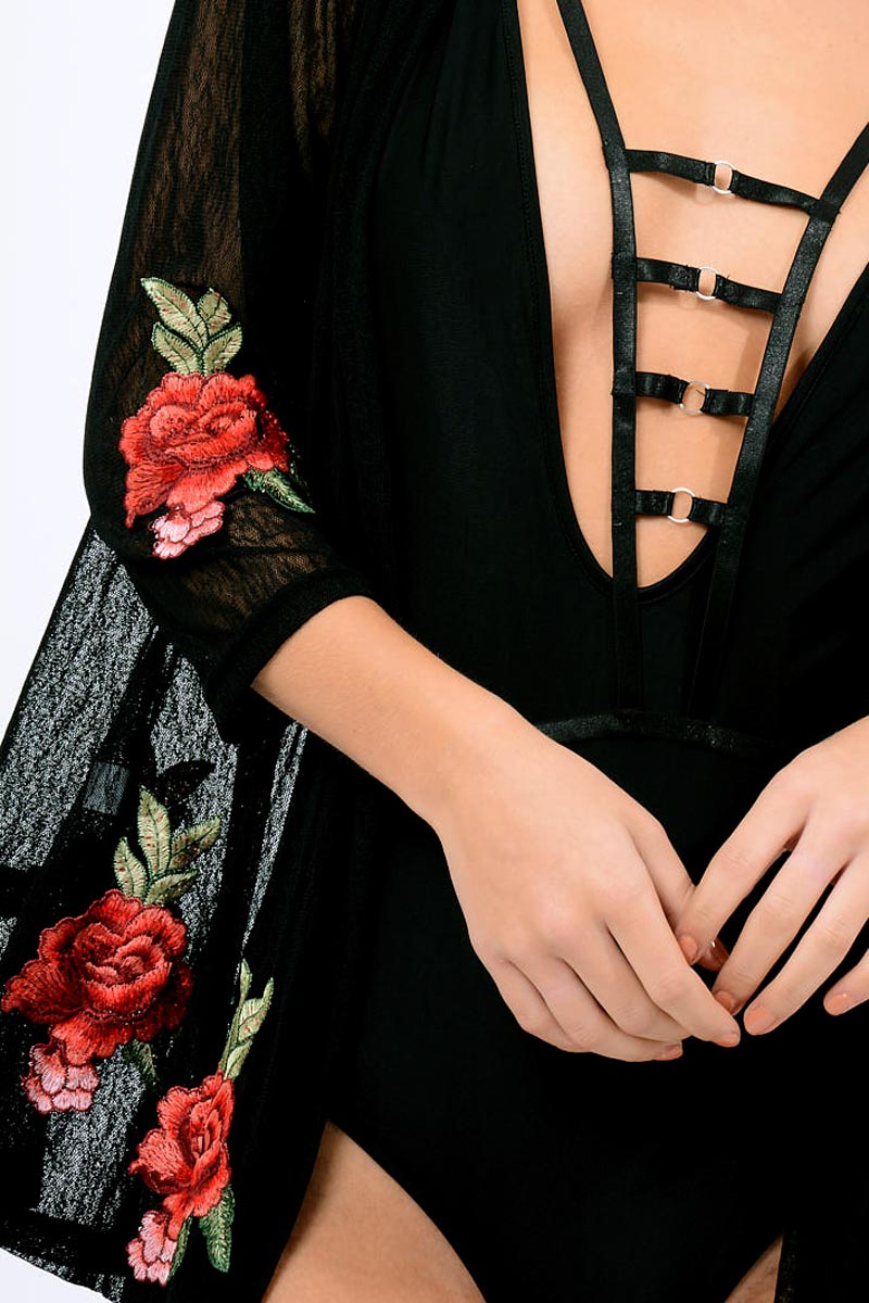 Black Mesh Floral Applique Kimono - Lizzy-Kimono