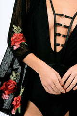 Black Mesh Floral Applique Kimono - Lizzy-Kimono