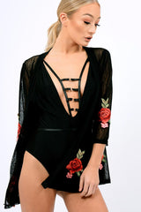 Black Mesh Floral Applique Kimono - Lizzy-Kimono