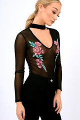 Black Mesh Floral Choker Bodysuit - Bryleigh-Bodysuits