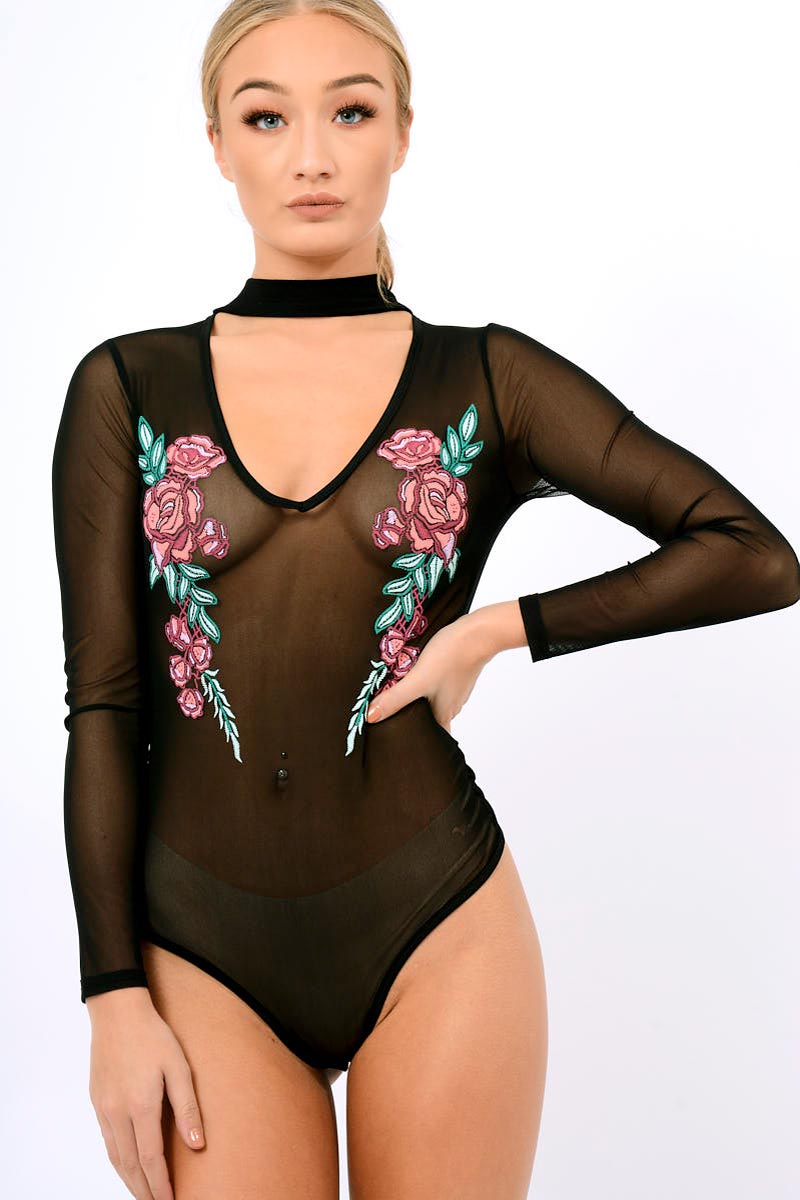 Black Mesh Floral Choker Bodysuit - Bryleigh-Bodysuits