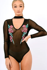 Black Mesh Floral Choker Bodysuit - Bryleigh-Bodysuits