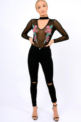 Black Mesh Floral Choker Bodysuit - Bryleigh-Bodysuits