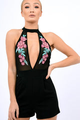 Black Mesh Floral Choker Playsuit - Dior-Playsuits