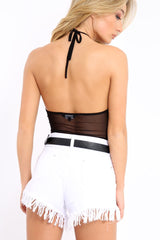 Black Mesh Floral Embroidered Halterneck Bodysuit - Bebe-Bodysuits
