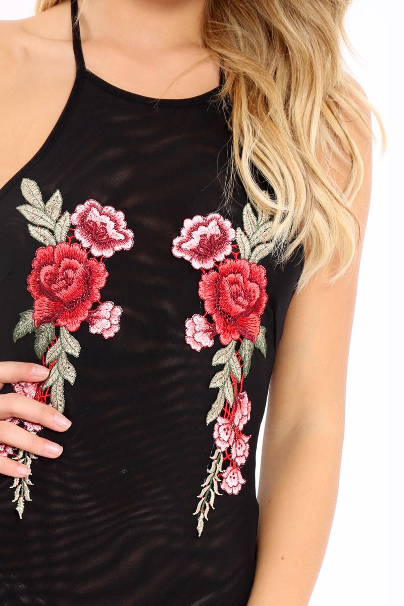 Black Mesh Floral Embroidered Halterneck Bodysuit - Bebe-Bodysuits