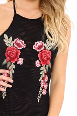 Black Mesh Floral Embroidered Halterneck Bodysuit - Bebe-Bodysuits