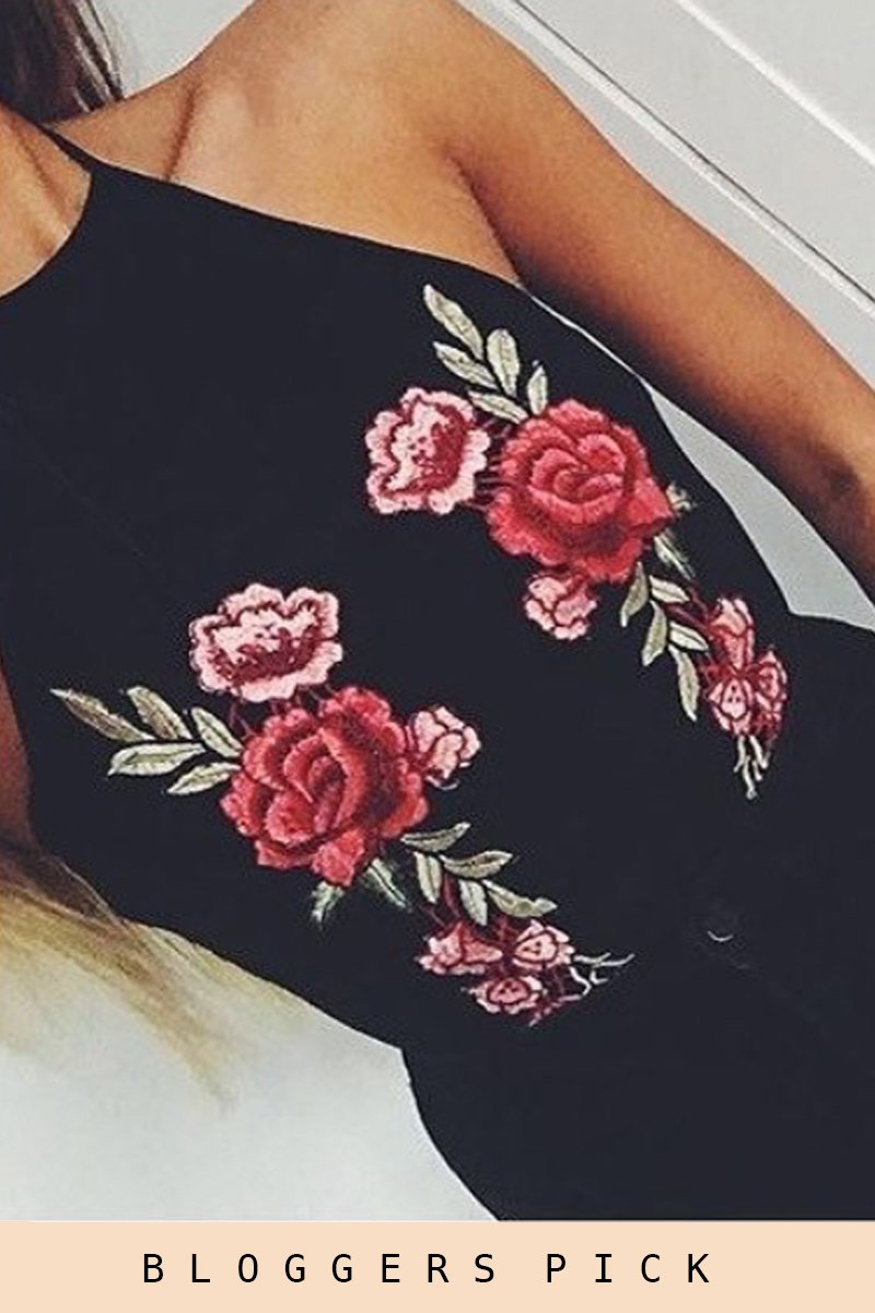 Black Mesh Floral Embroidered Halterneck Bodysuit - Bebe-Bodysuits