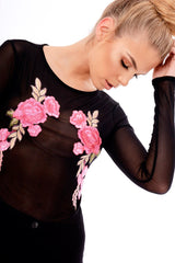 Black Mesh Floral Embroidered Long Sleeve Top - Lisha-Tops