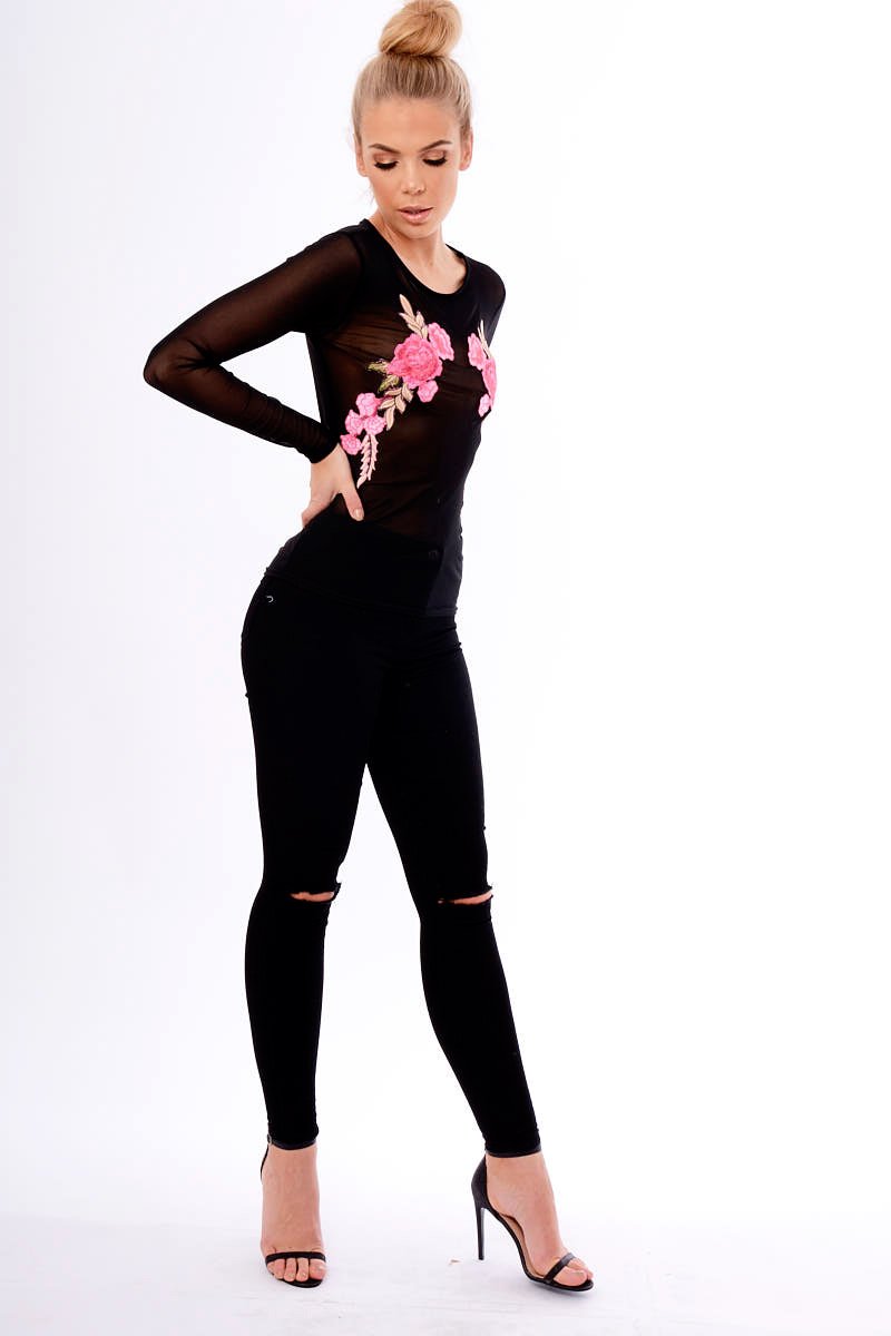 Black Mesh Floral Embroidered Long Sleeve Top - Lisha-Tops
