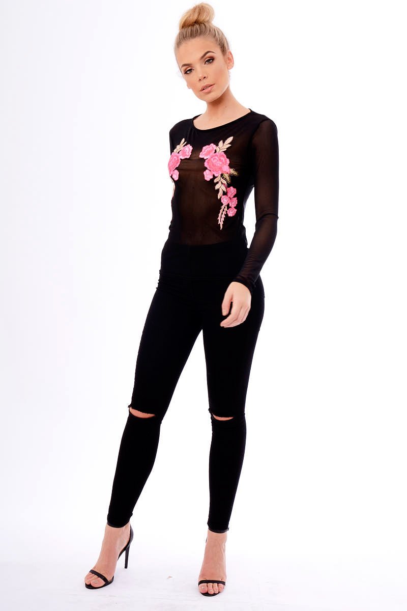 Black Mesh Floral Embroidered Long Sleeve Top - Lisha-Tops