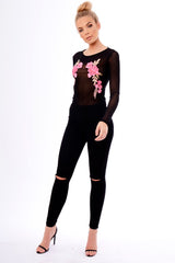 Black Mesh Floral Embroidered Long Sleeve Top - Lisha-Tops