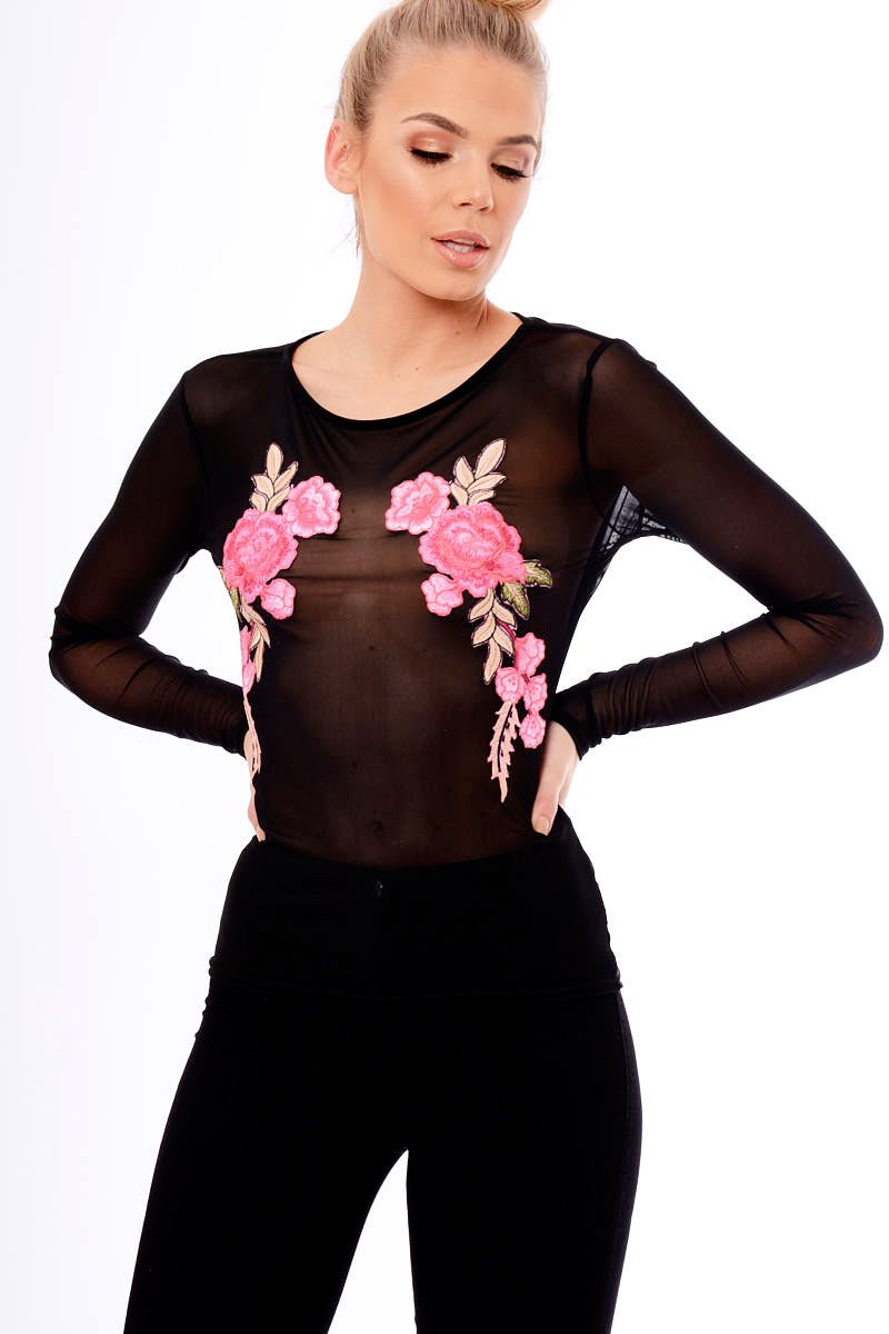 Black Mesh Floral Embroidered Long Sleeve Top - Lisha-Tops