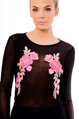 Black Mesh Floral Embroidered Long Sleeve Top - Lisha-Tops