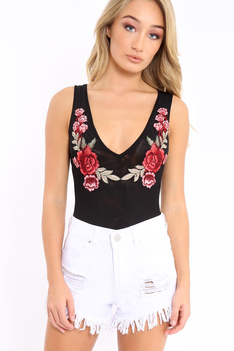 Black Mesh Floral Embroidered Plunge Bodysuit - Elenore-Bodysuits