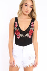 Black Mesh Floral Embroidered Plunge Bodysuit - Elenore-Bodysuits