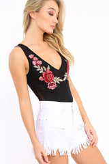 Black Mesh Floral Embroidered Plunge Bodysuit - Elenore-Bodysuits
