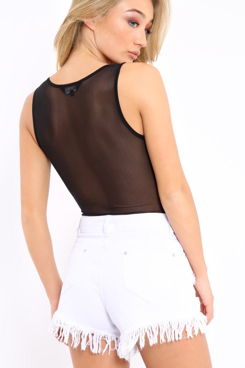 Black Mesh Floral Embroidered Plunge Bodysuit - Elenore-Bodysuits