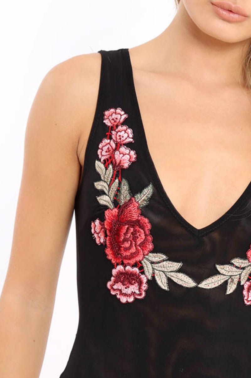 Black Mesh Floral Embroidered Plunge Bodysuit - Elenore-Bodysuits