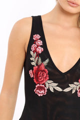 Black Mesh Floral Embroidered Plunge Bodysuit - Elenore-Bodysuits