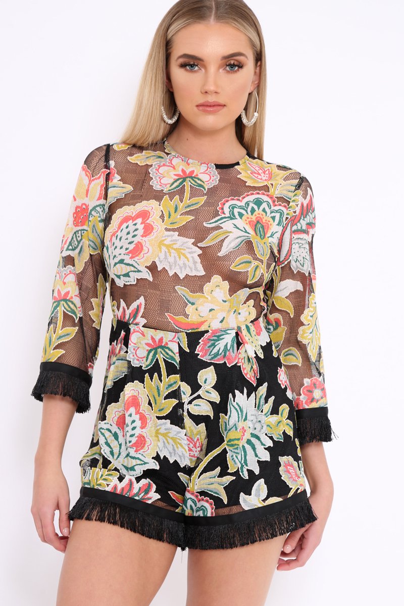 Black Mesh Floral Print Fringe Playsuit - Berna-Playsuits