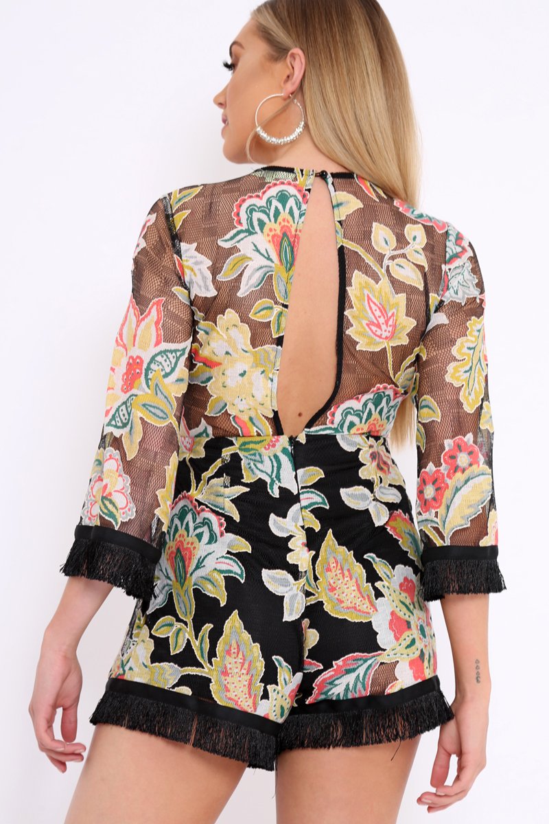 Black Mesh Floral Print Fringe Playsuit - Berna-Playsuits