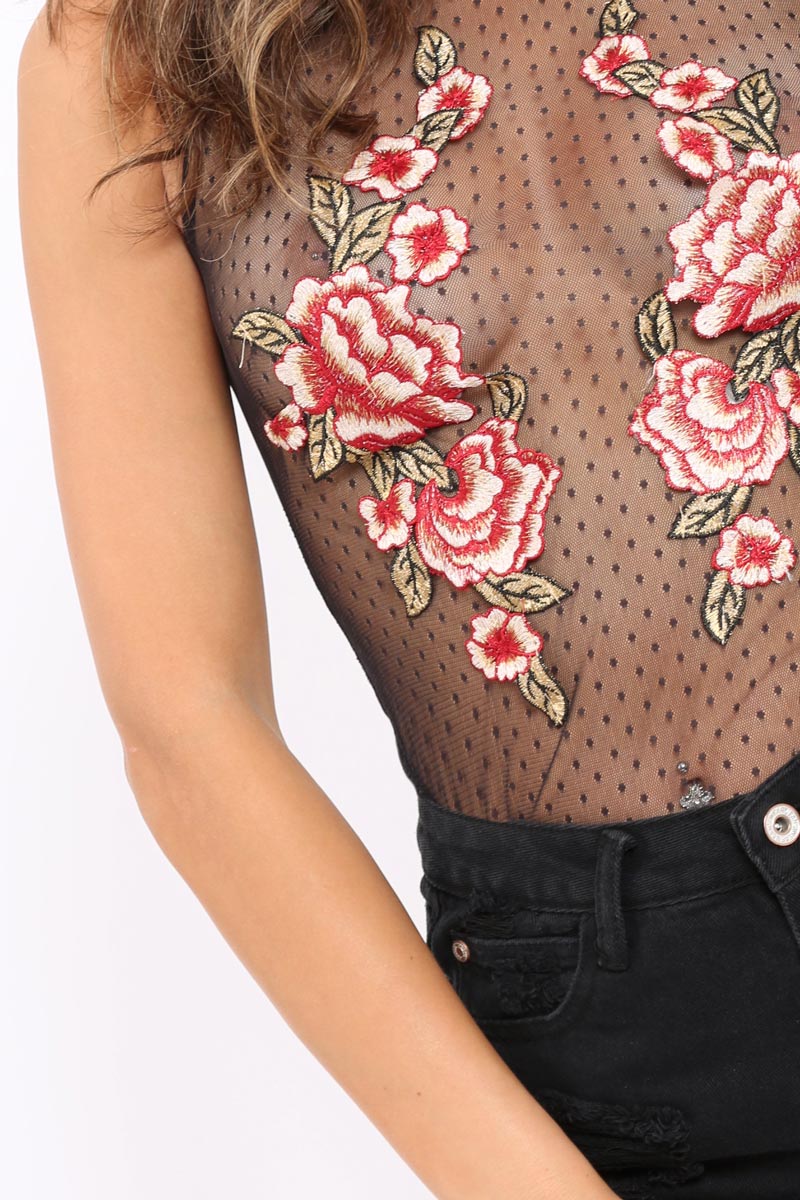 Black Mesh Flower Applique Bodysuit - Montana-Bodysuits