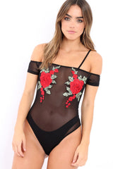 Black Mesh Flower Applique Bodysuit - Sabella-Bodysuits