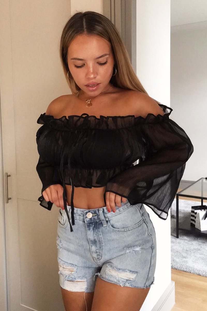 Black Mesh Frill Bardot Top - Rowe-Crop Tops