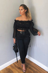 Black Mesh Frill Bardot Top - Rowe-Crop Tops
