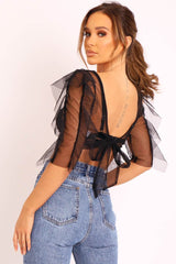 Black Mesh Frill Sleeve Plunge Crop Top - Faythe-Crop Tops