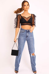 Black Mesh Frill Sleeve Plunge Crop Top - Faythe-Crop Tops