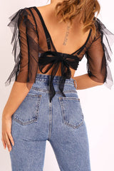 Black Mesh Frill Sleeve Plunge Crop Top - Faythe-Crop Tops