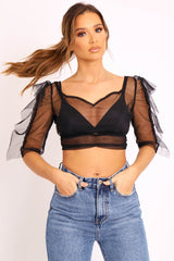 Black Mesh Frill Sleeve Plunge Crop Top - Faythe-Crop Tops