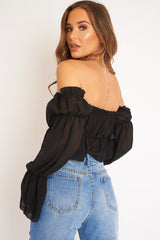 Black Mesh Gypsy Style Bardot Crop Top - Ammie-Tops