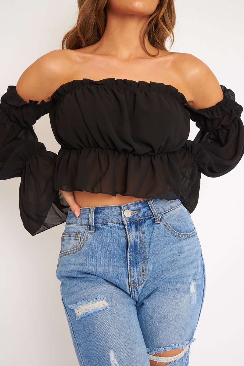 Black Mesh Gypsy Style Bardot Crop Top - Ammie-Tops