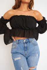 Black Mesh Gypsy Style Bardot Crop Top - Ammie-Tops
