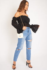 Black Mesh Gypsy Style Bardot Crop Top - Ammie-Tops