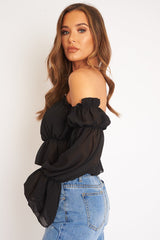 Black Mesh Gypsy Style Bardot Crop Top - Ammie-Tops