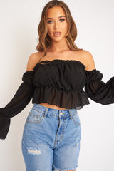 Black Mesh Gypsy Style Bardot Crop Top - Ammie-Tops