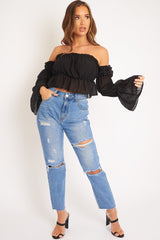 Black Mesh Gypsy Style Bardot Crop Top - Ammie-Tops