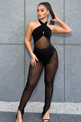 Black Mesh Halter Neck Bodysuit - Christa