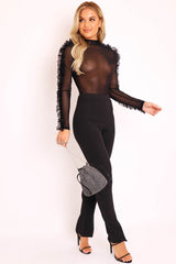 Black Mesh High Neck Frill Sleeve Bodysuit - Carla-Bodysuits