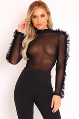 Black Mesh High Neck Frill Sleeve Bodysuit - Carla-Bodysuits
