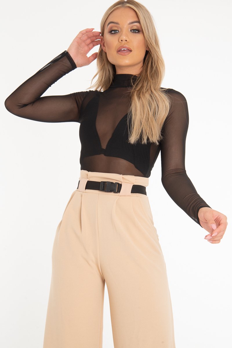 Black Mesh High Neck Long Sleeve Bodysuit - Kimora-Bodysuits